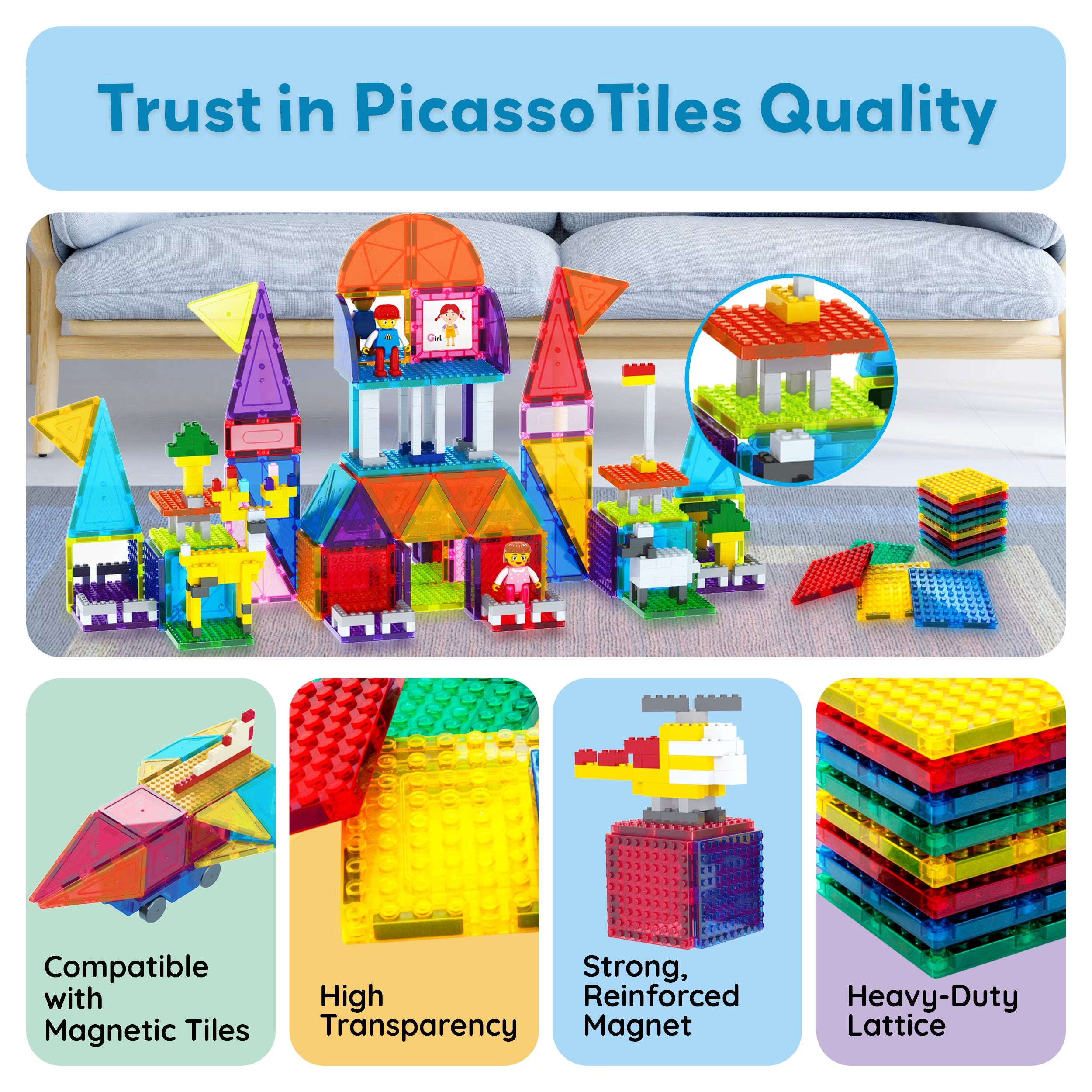 Picassotiles Magnetic Brick Tiles Building Block Set, STEM Creative Construction Toy with Socket Spikes, Educational Imaginative Learning Kit