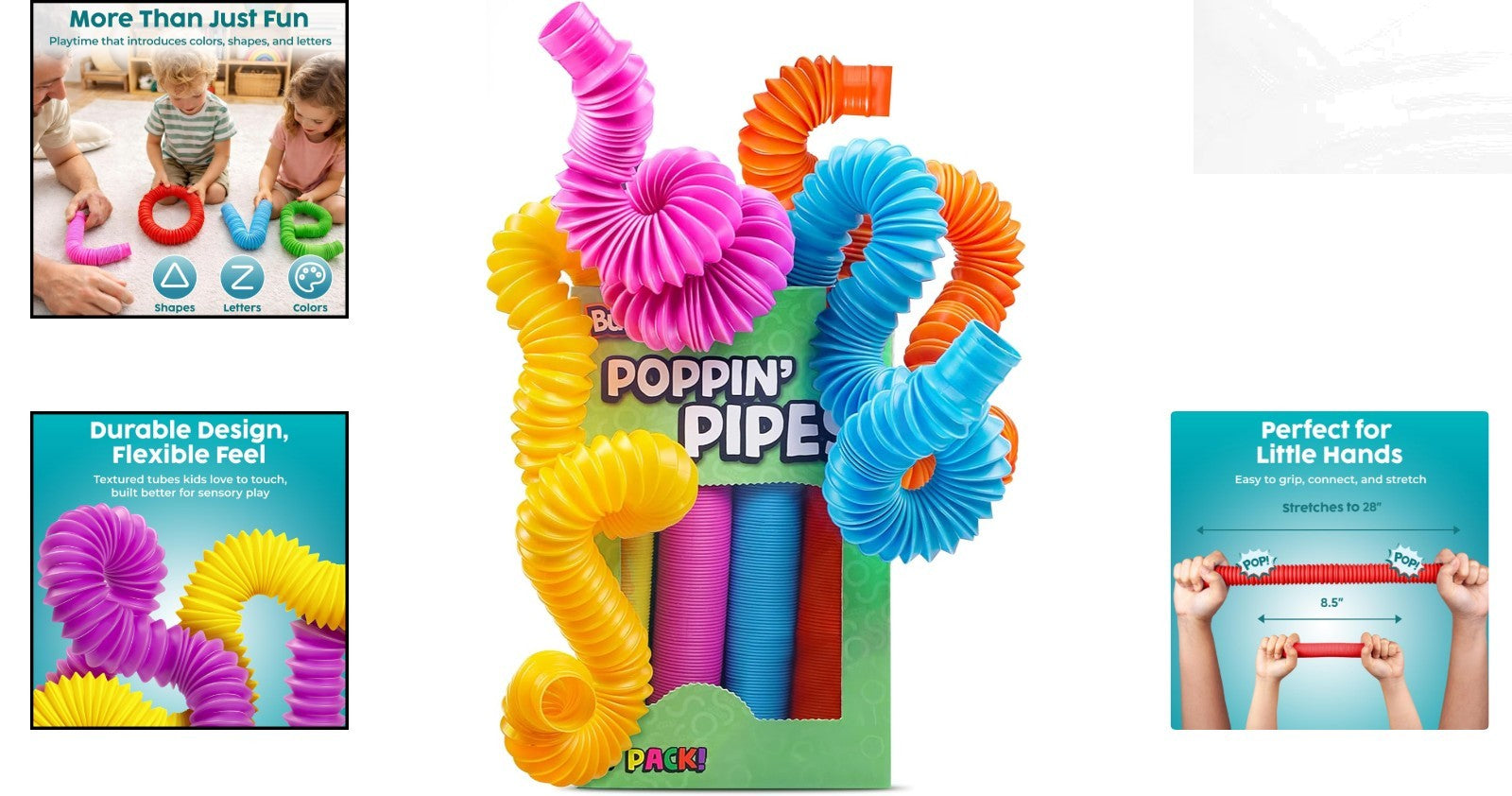 4-Pack Large Pop Tubes - Sensory Fidget Toys for Creative Learning & Play