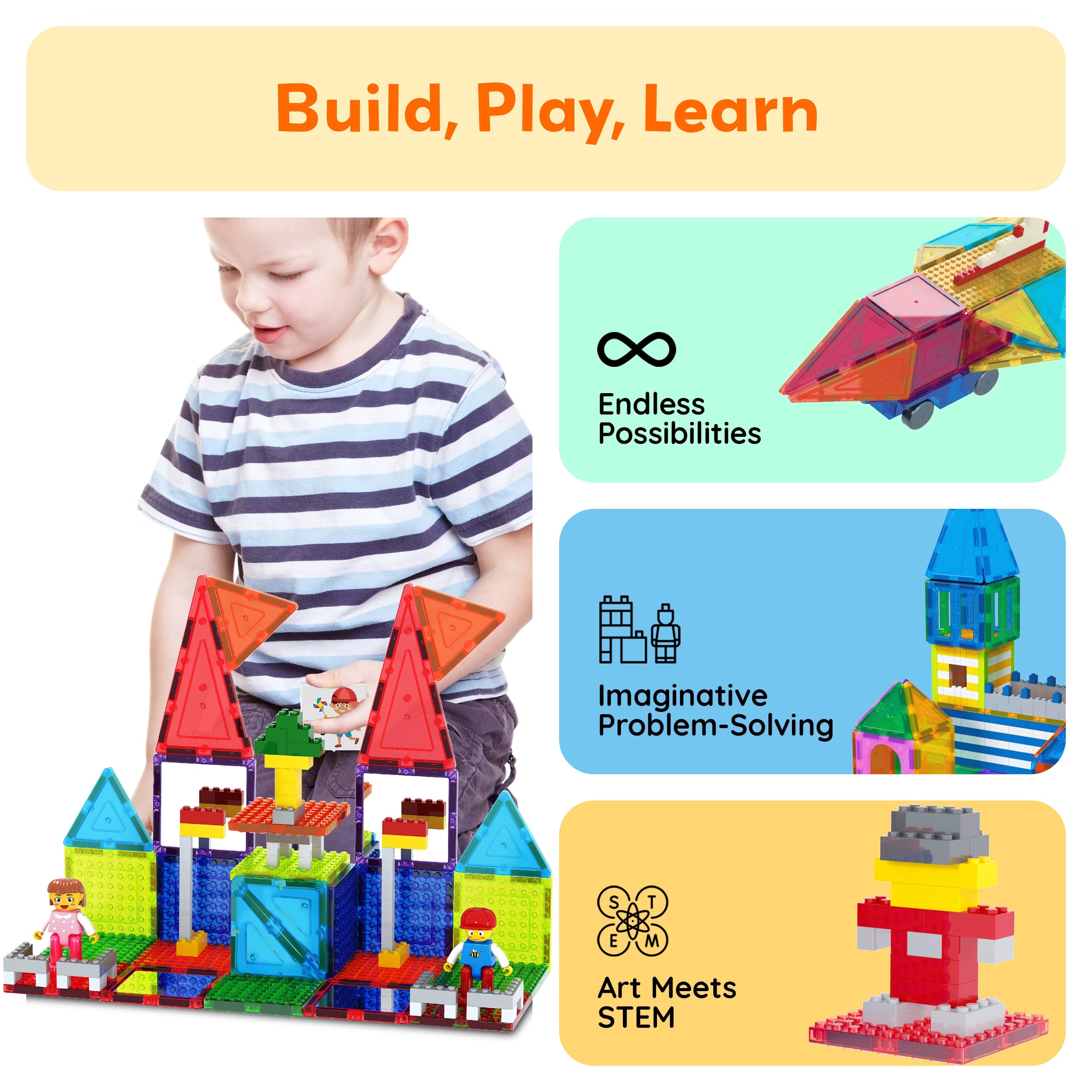 Picassotiles Magnetic Brick Tiles Building Block Set, STEM Creative Construction Toy with Socket Spikes, Educational Imaginative Learning Kit